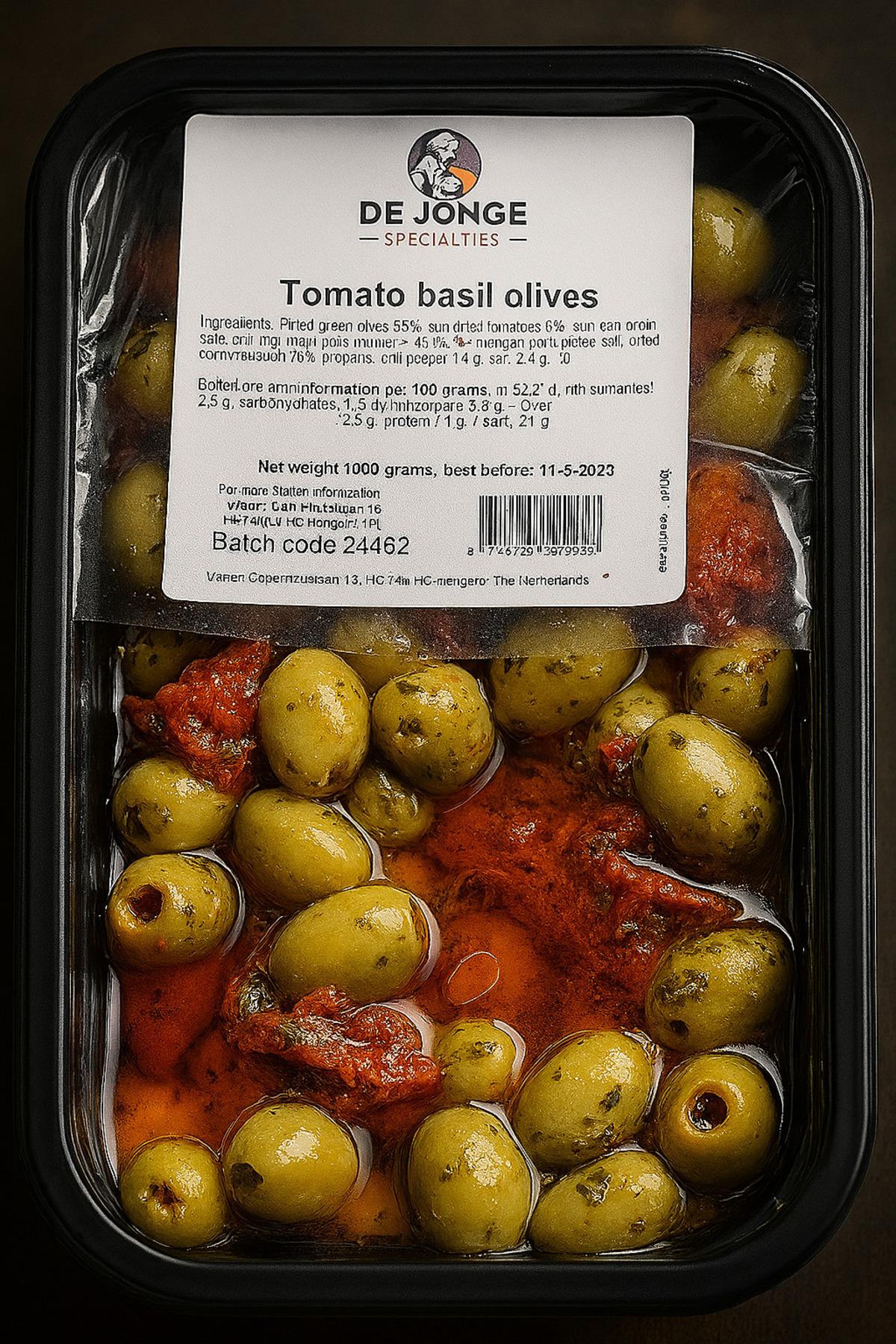 De Jonge Green olives basil/tomato 6x1,1kg         